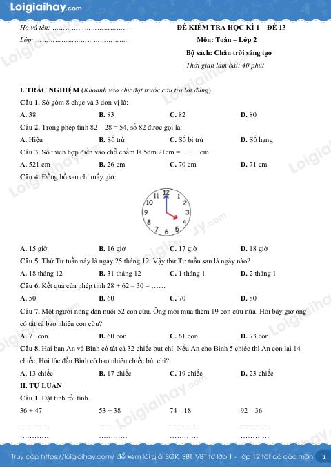 Đề kiểm tra học kì 1 Toán 2 Chân trời sáng tạo - Đề số 13